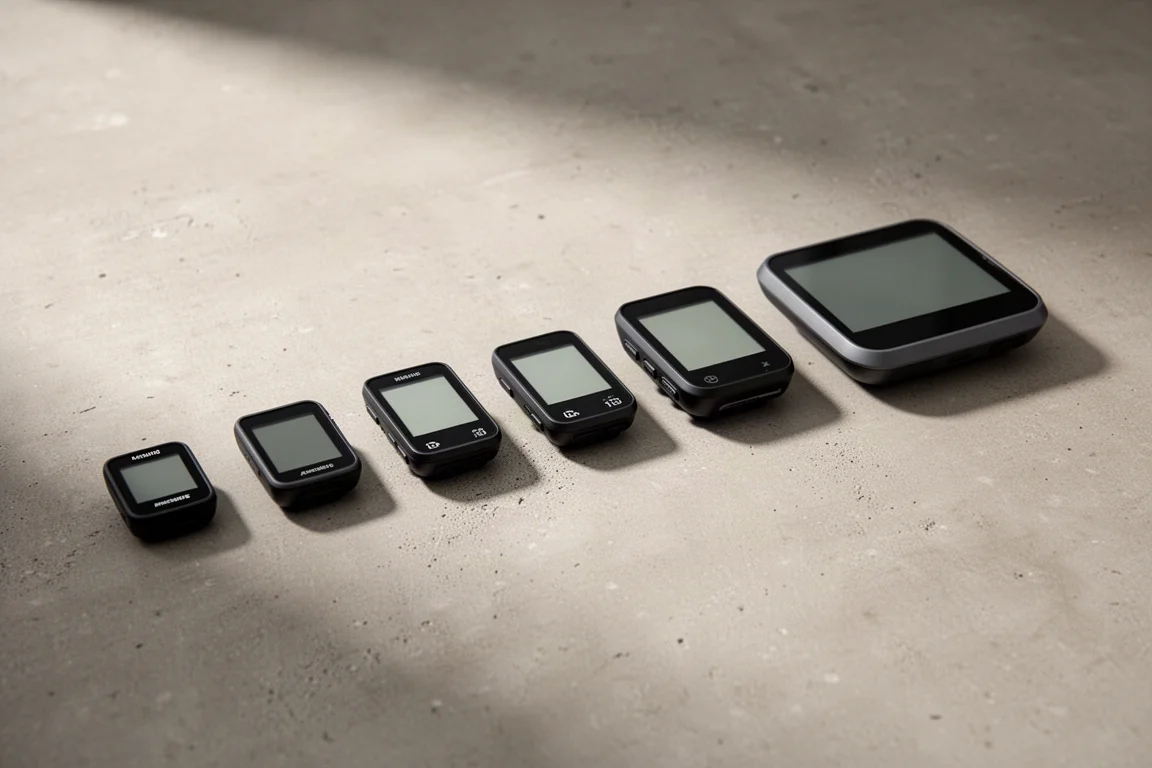 Row of bicycle GPS head units and mounting brackets arranged on a concrete surface