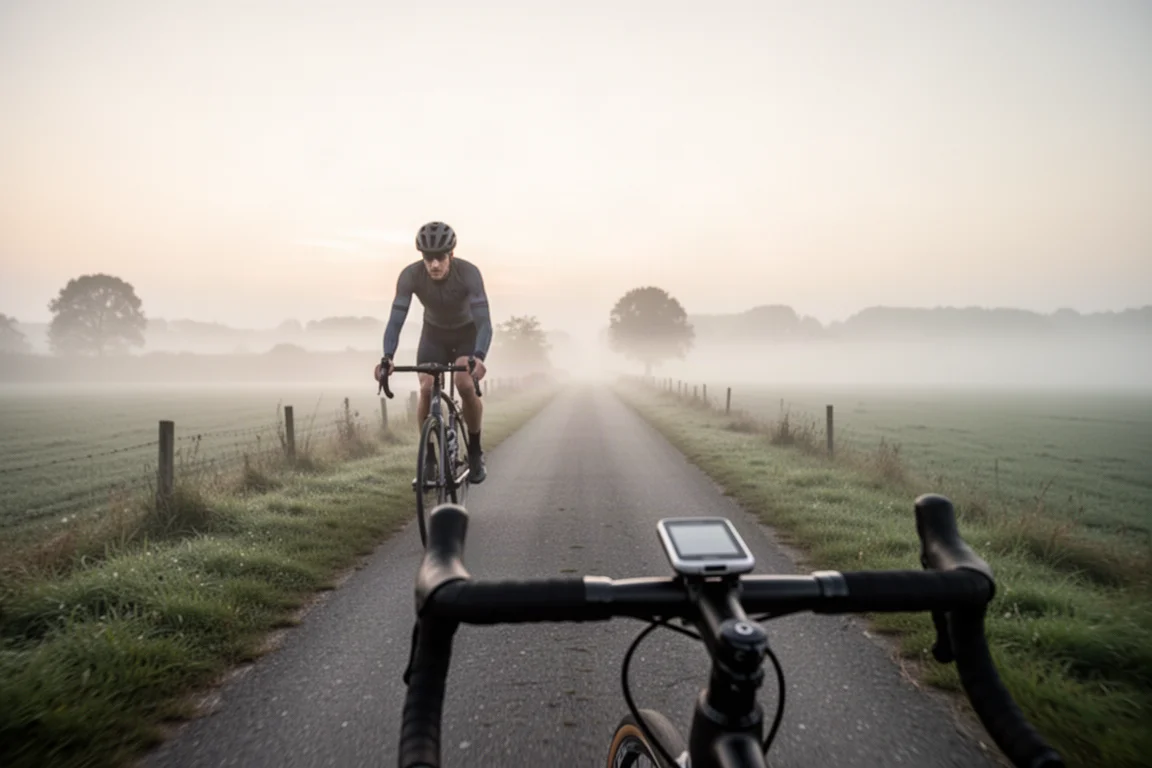 Cyclist on a country lane at dawn with a bike computer mounted on the handlebars