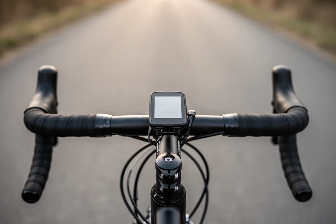 Over-the-shoulder view of road bike handlebars with a compact computer on the stem