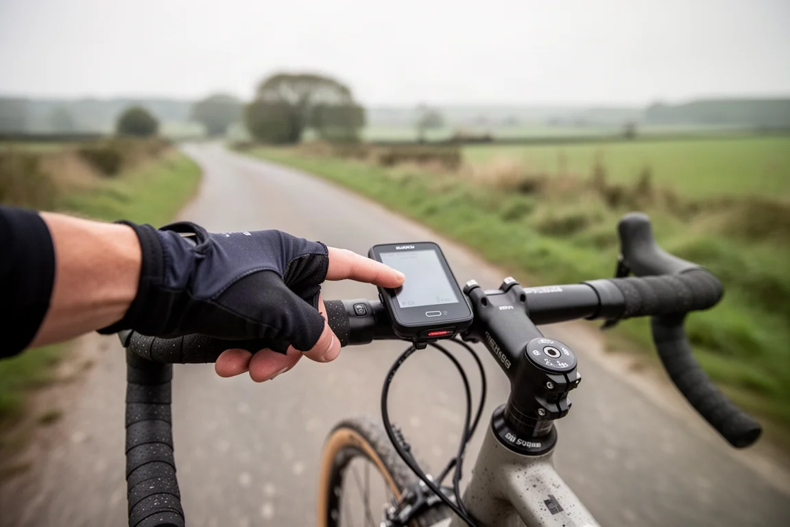Gloved hand pressing a side button on a cycling computer on gravel bike bars
