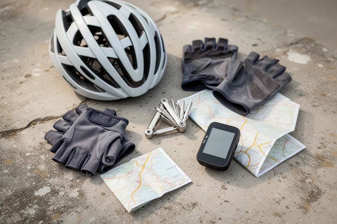Overhead flat-lay of cycling kit including helmet, gloves and a small bike computer