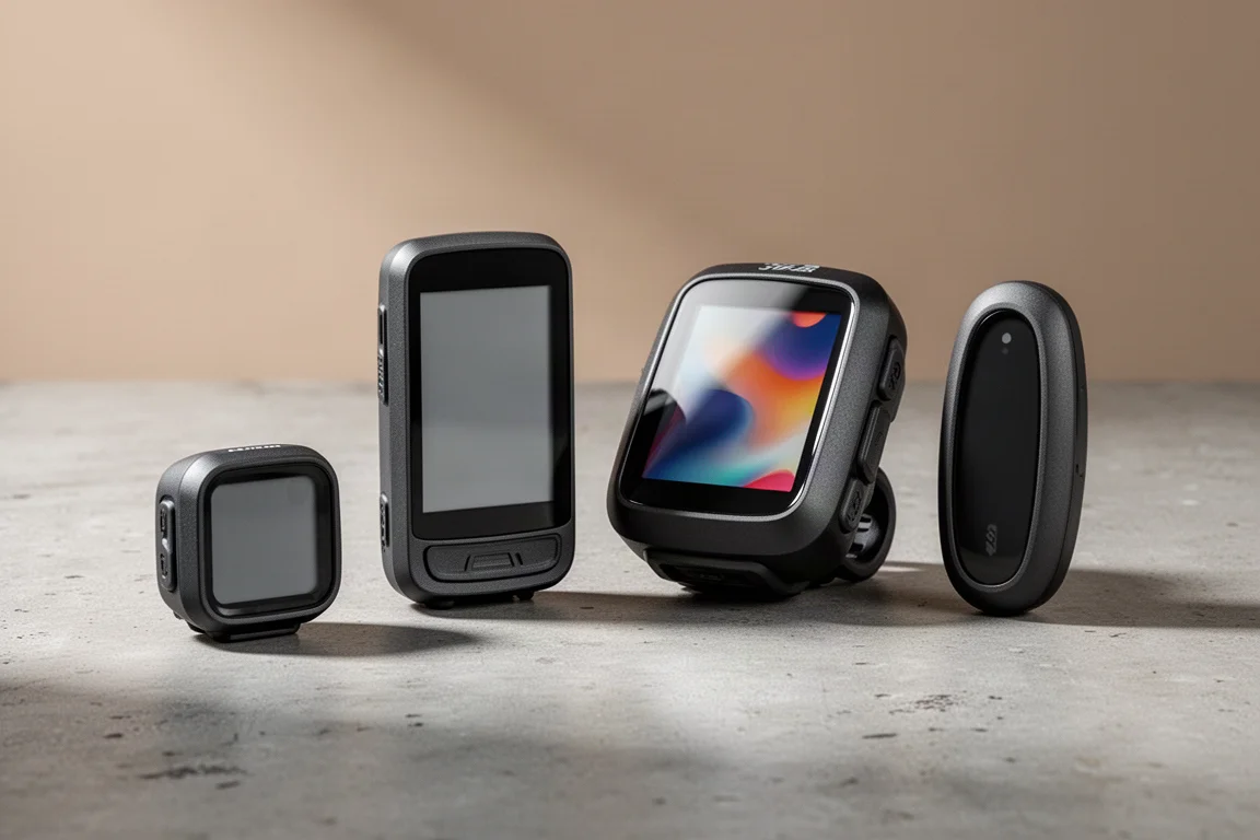 Several compact cycling head units arranged on a matte concrete surface in soft studio light