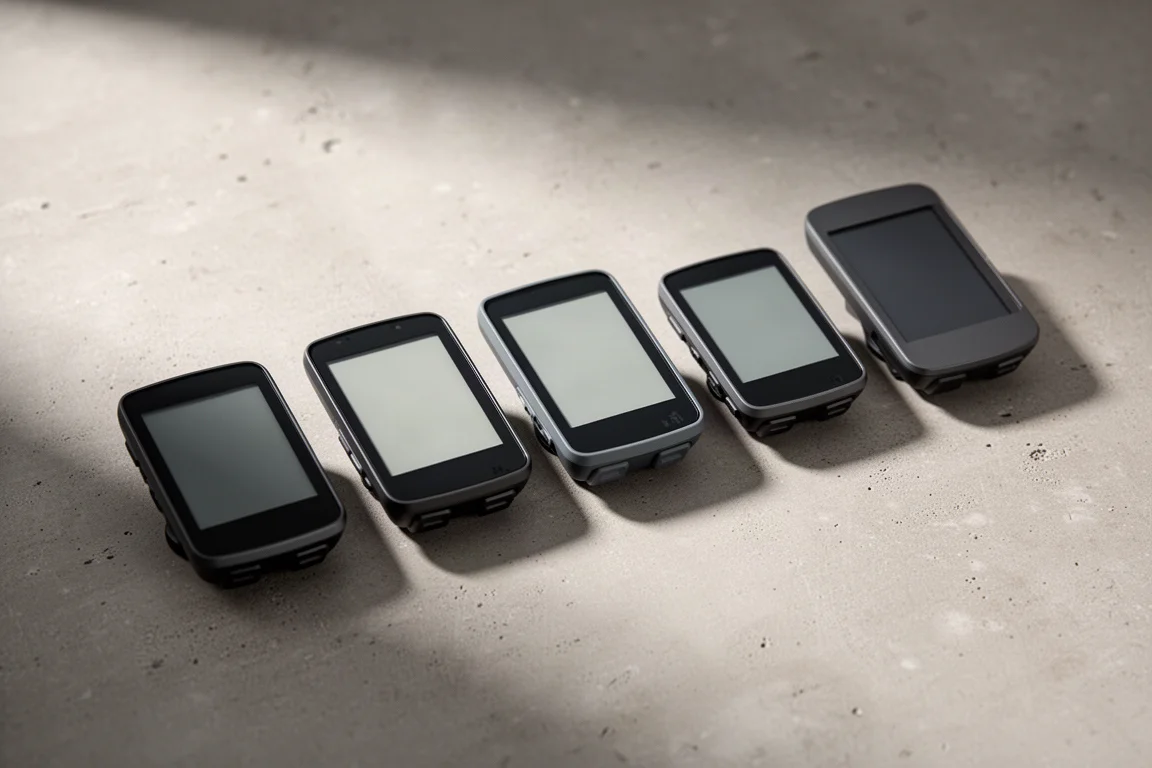 Five cycling computers of different sizes arranged in a row on a concrete surface