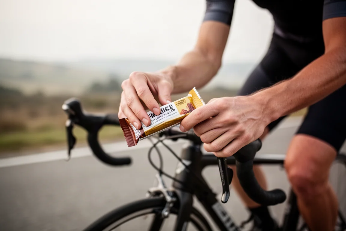 Cycliste ouvrant d'une seule main une barre énergétique emballée pendant qu'il roule sur une route dégagée
