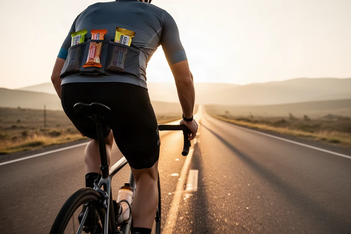 Vue arrière d'un cycliste sur une longue route droite à l'heure dorée, avec des barres dans les poches de son maillot