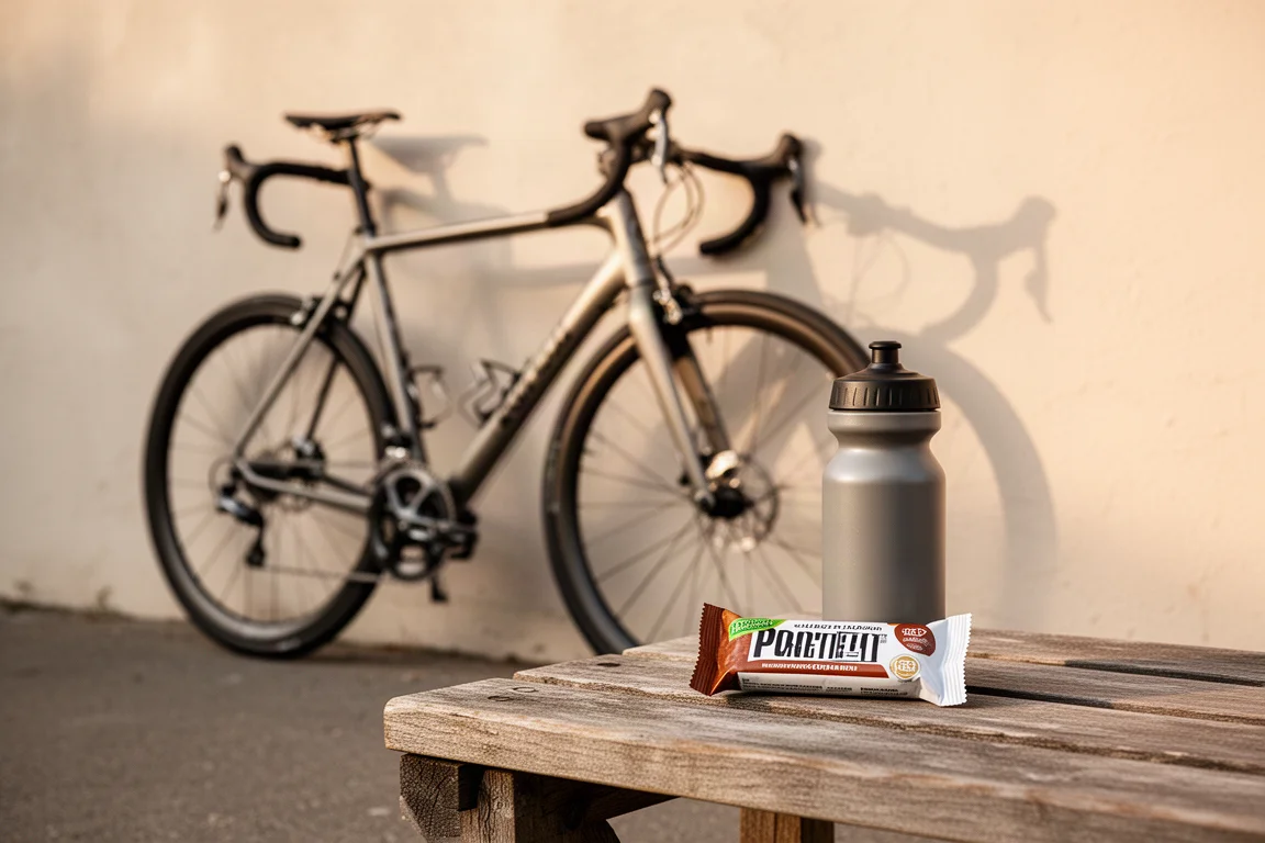 Vélo appuyé contre un mur avec une barre protéinée et un bidon d'eau sur un banc en bois