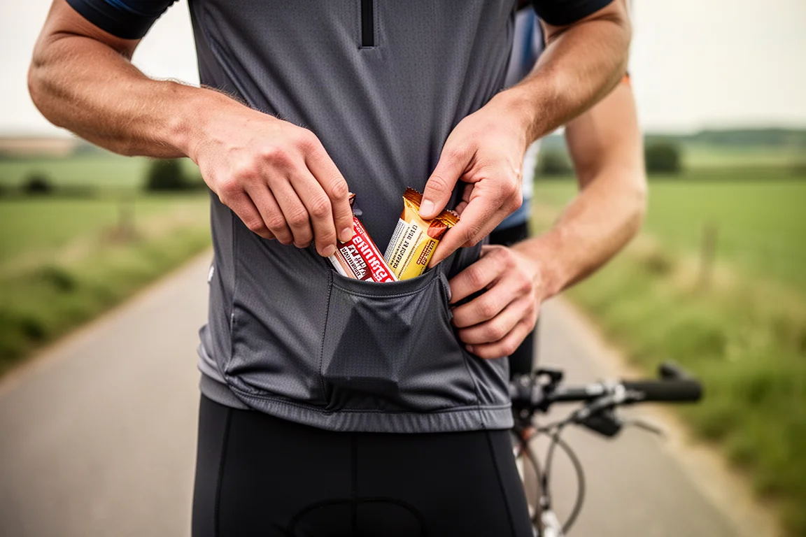 Cyclist reaching into jersey pocket for an energy bar on a country road