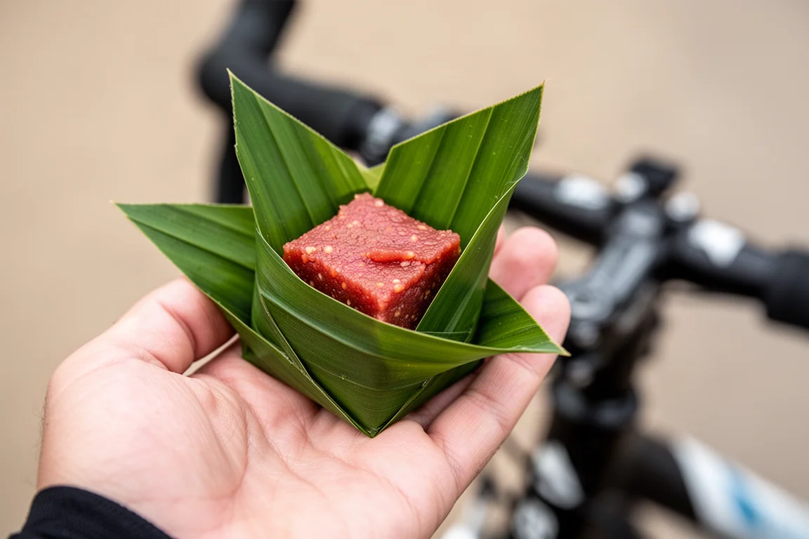 Fruit energy cube wrapped in palm leaf held by cyclist
