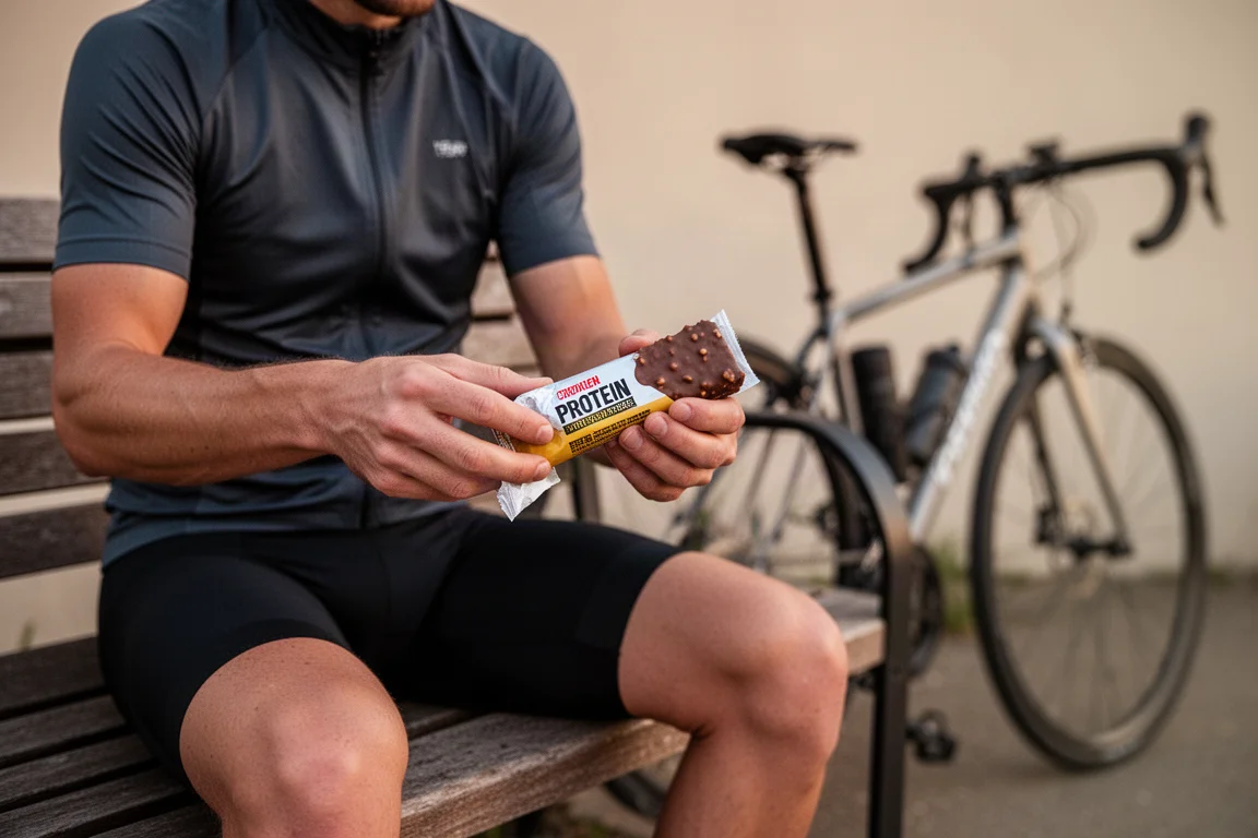 Cyclist unwrapping a chocolate protein bar after a ride