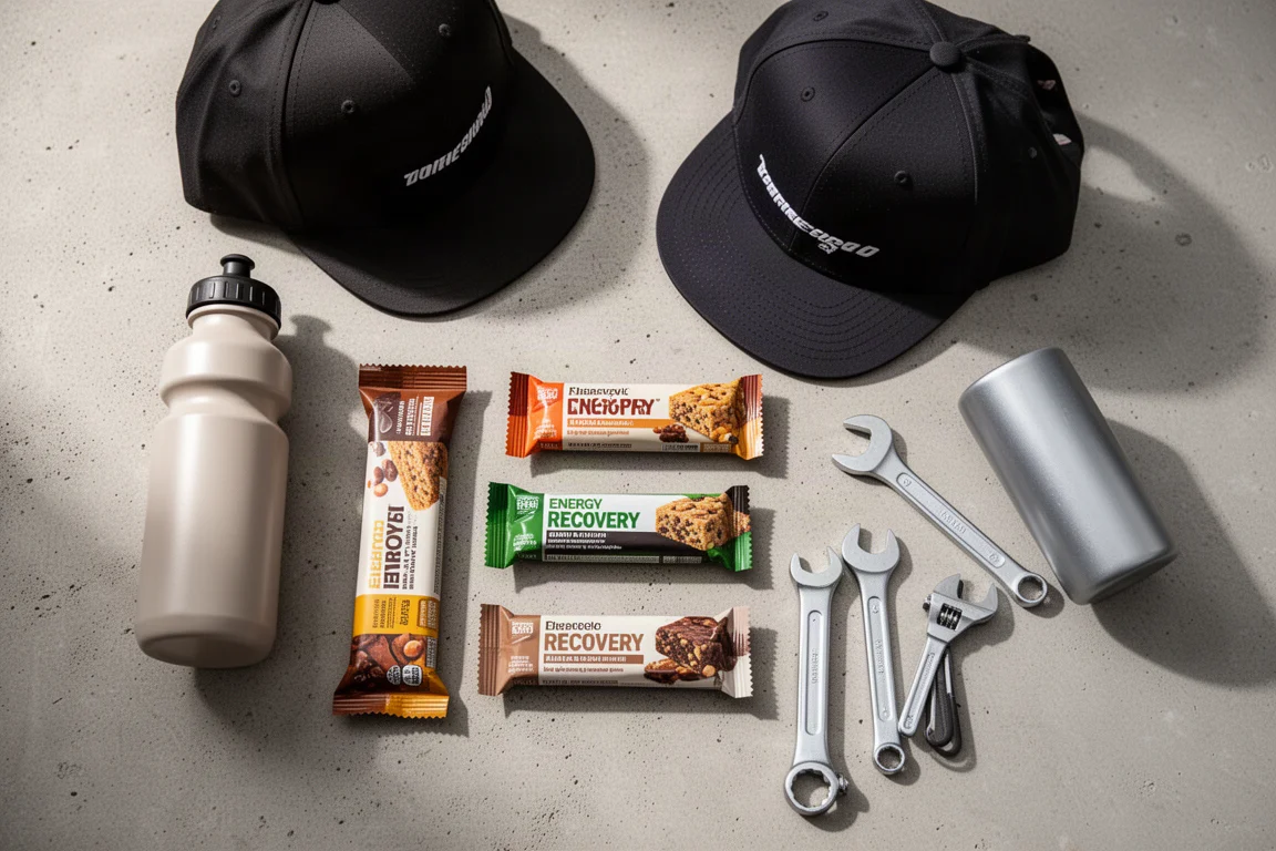 Flat-lay of energy bars and cycling accessories on concrete