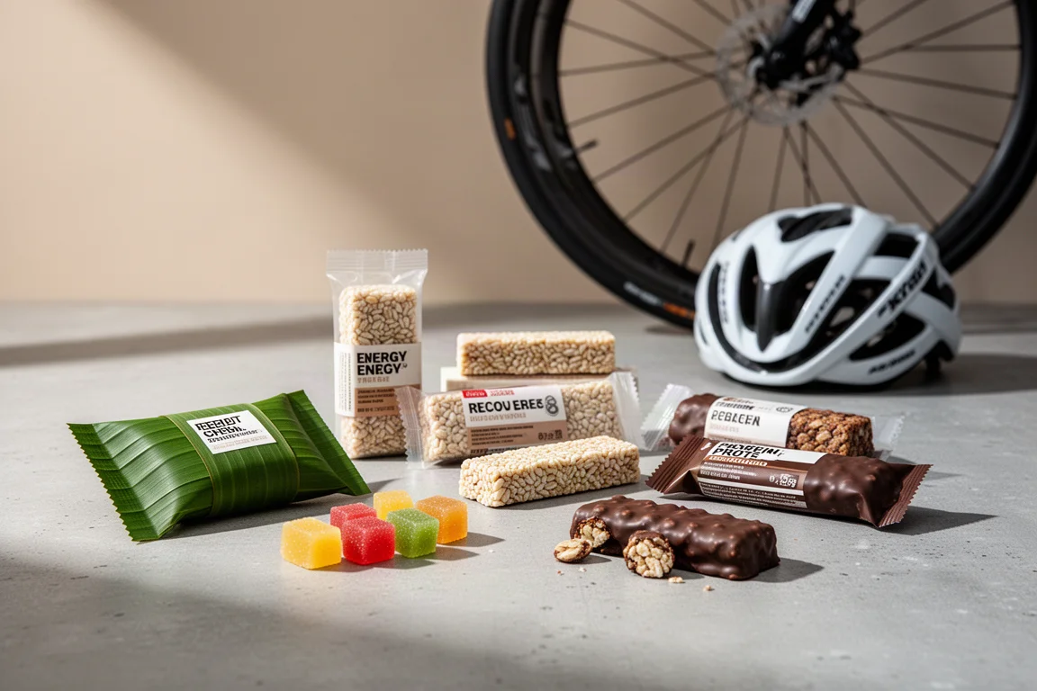 Assortment of cycling energy bars on a concrete surface