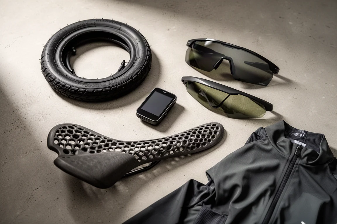 Vue à plat d'équipement cycliste comprenant un pneu, un compteur vélo, des lunettes de soleil, une selle, un maillot et un garde-boue