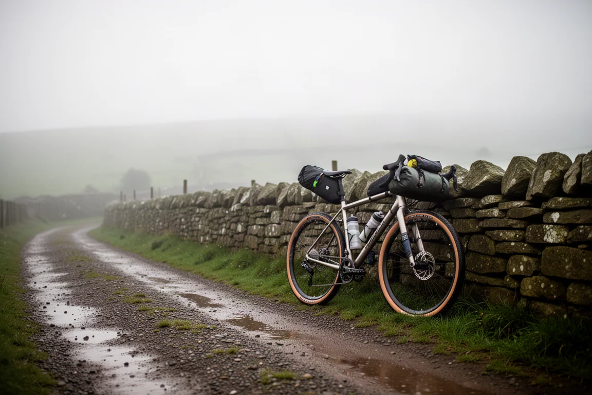 Loaded gravel bike leaning against a stone wall on a misty morning