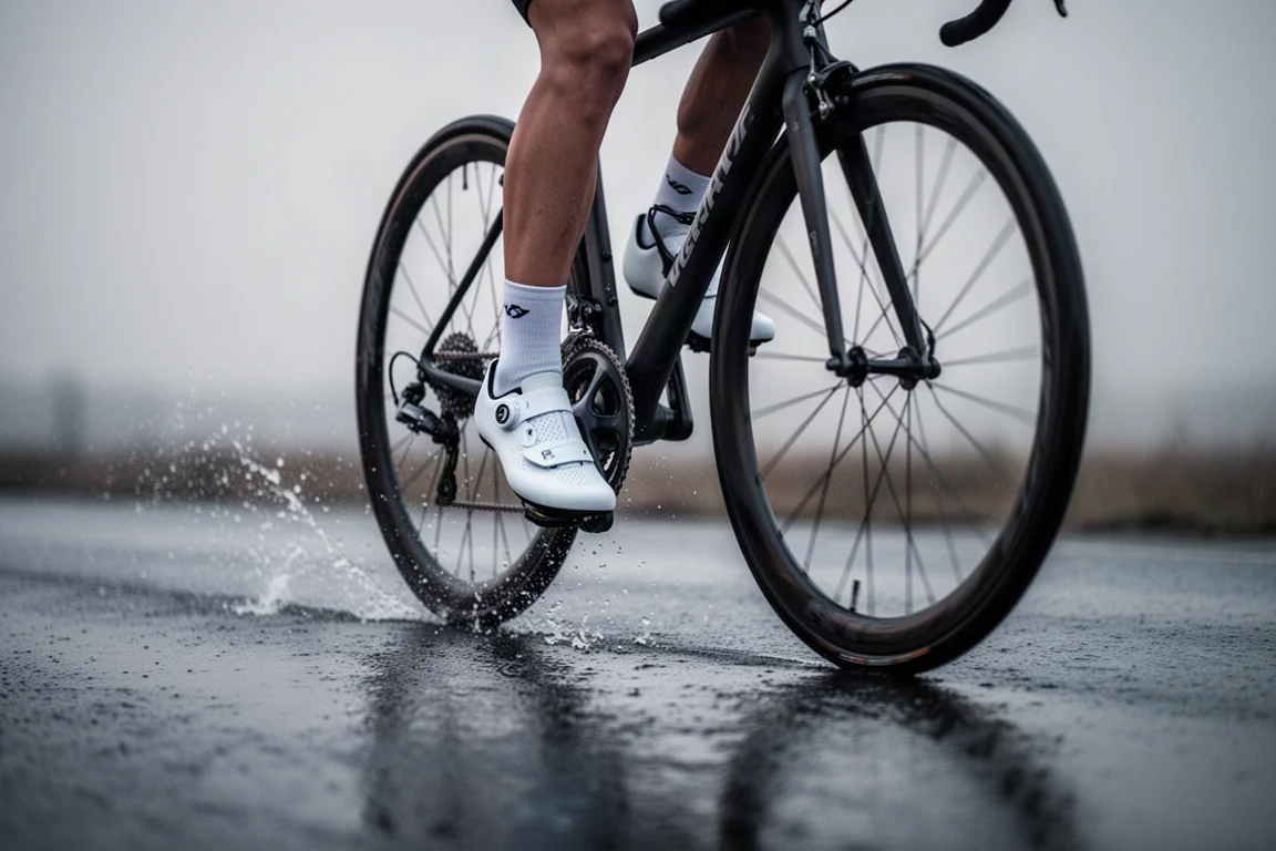 Road cyclist's feet pedalling in white cycling shoes on wet tarmac at dawn