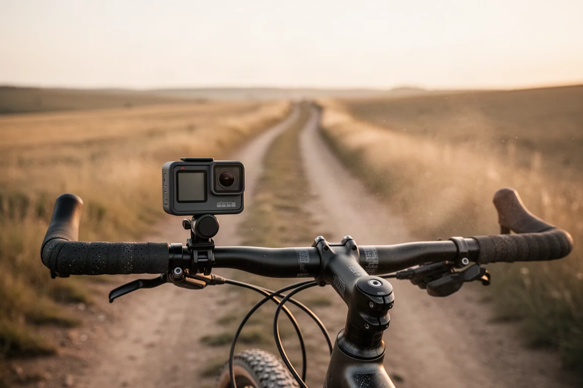 Compact action camera mounted on a gravel bike handlebar on a golden evening trail