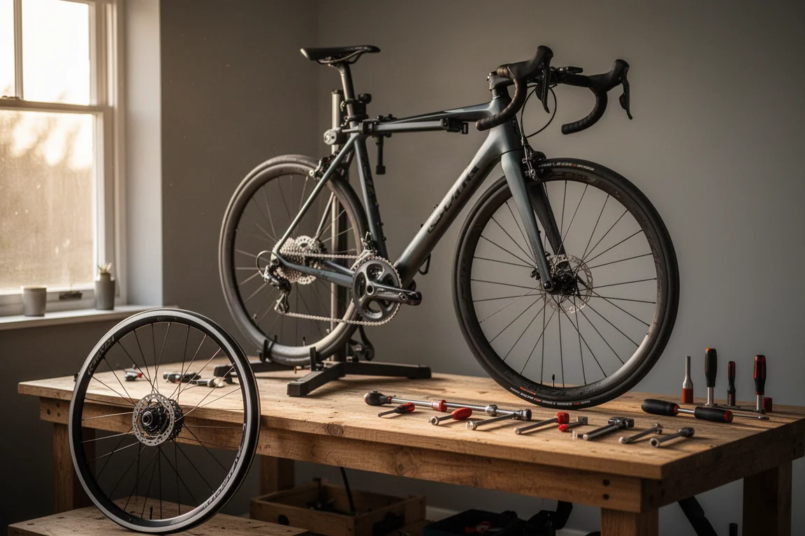 Road bike in a workshop repair stand with tools and a spare wheelset nearby
