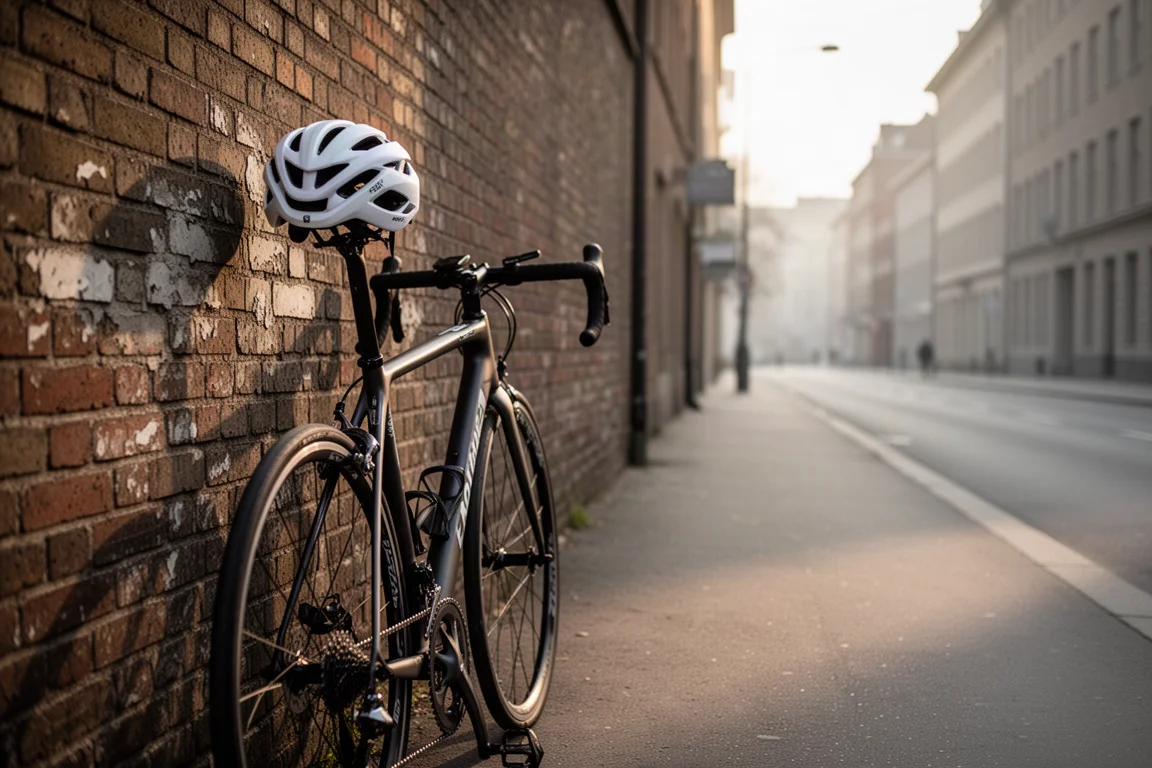 Rennrad lehnt im Morgengrauen an einer Ziegelmauer, Helm am Lenker