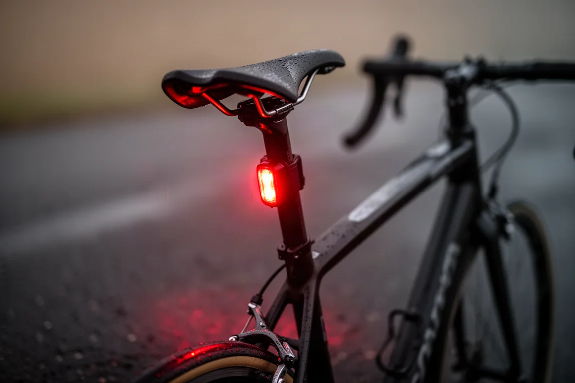 Rückseite eines Fahrrads in der Dämmerung, rotes Sattellicht leuchtet auf nassem Asphalt
