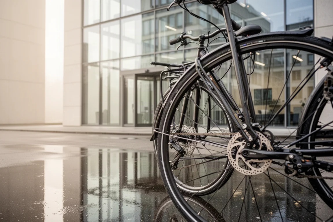 Pendlerfahrrad vor einem gläsernen Bürogebäude im Morgenlicht