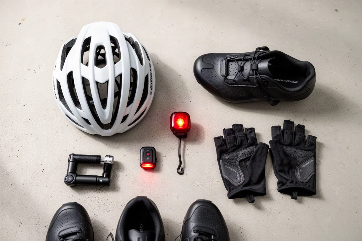 Flat-Lay von Fahrradzubehör auf Betonfläche angeordnet