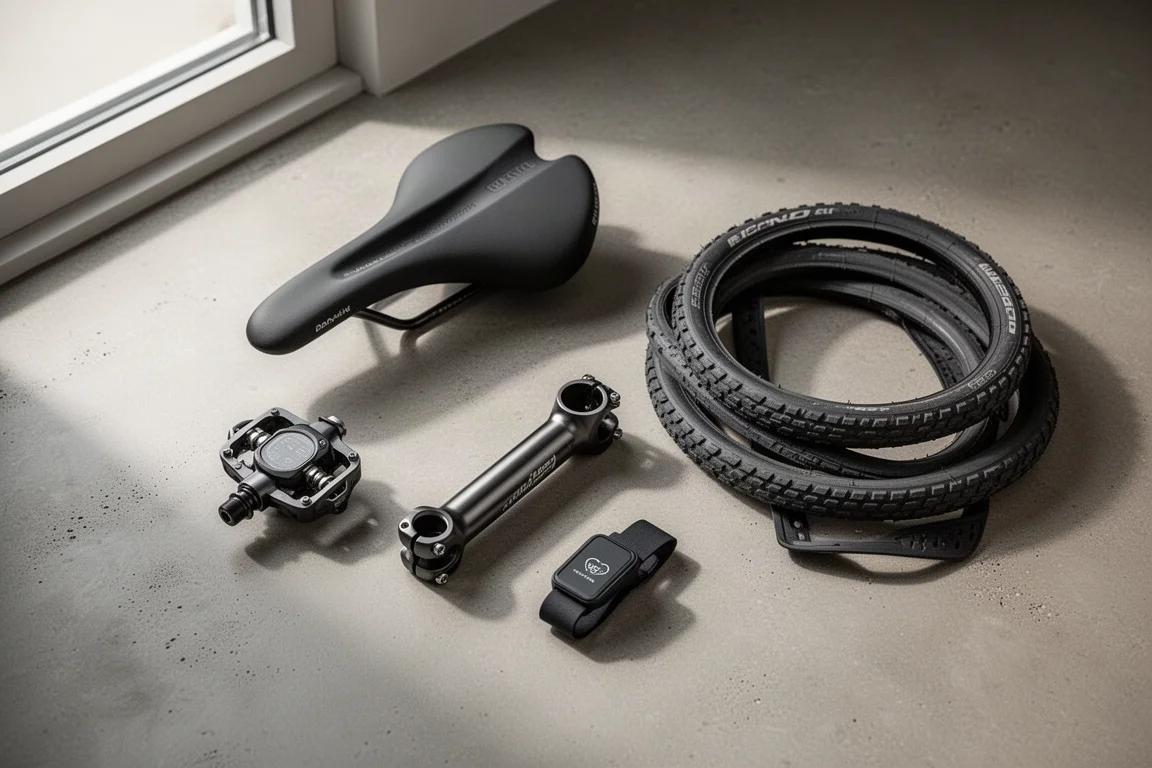 Flatlay van fietsuitrusting met een aerohelm, achterlicht, pedalen, fietscomputer en gepantserd slot.