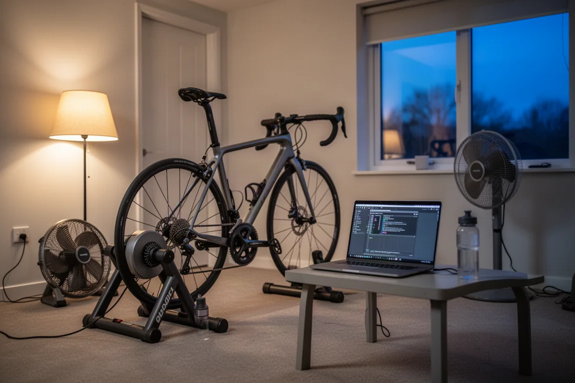 Indoor trainingsopstelling met een fiets op een direct-drive trainer in de schemering