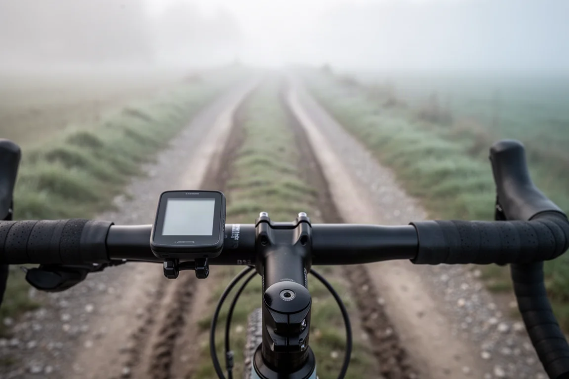 Fietscomputer gemonteerd op het stuur van een gravelbike boven een nevelig gravelpad