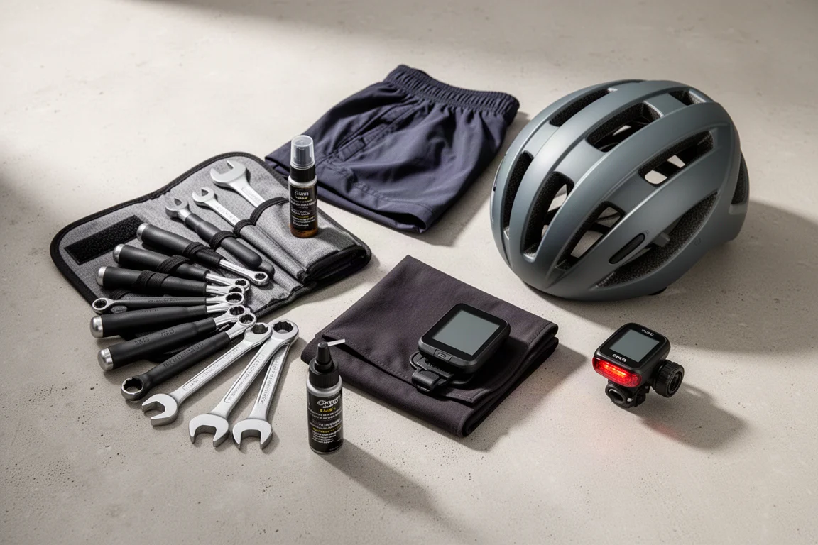 Overhead flat lay of cycling gifts including tools, chain lube, helmet, shorts and a bike computer