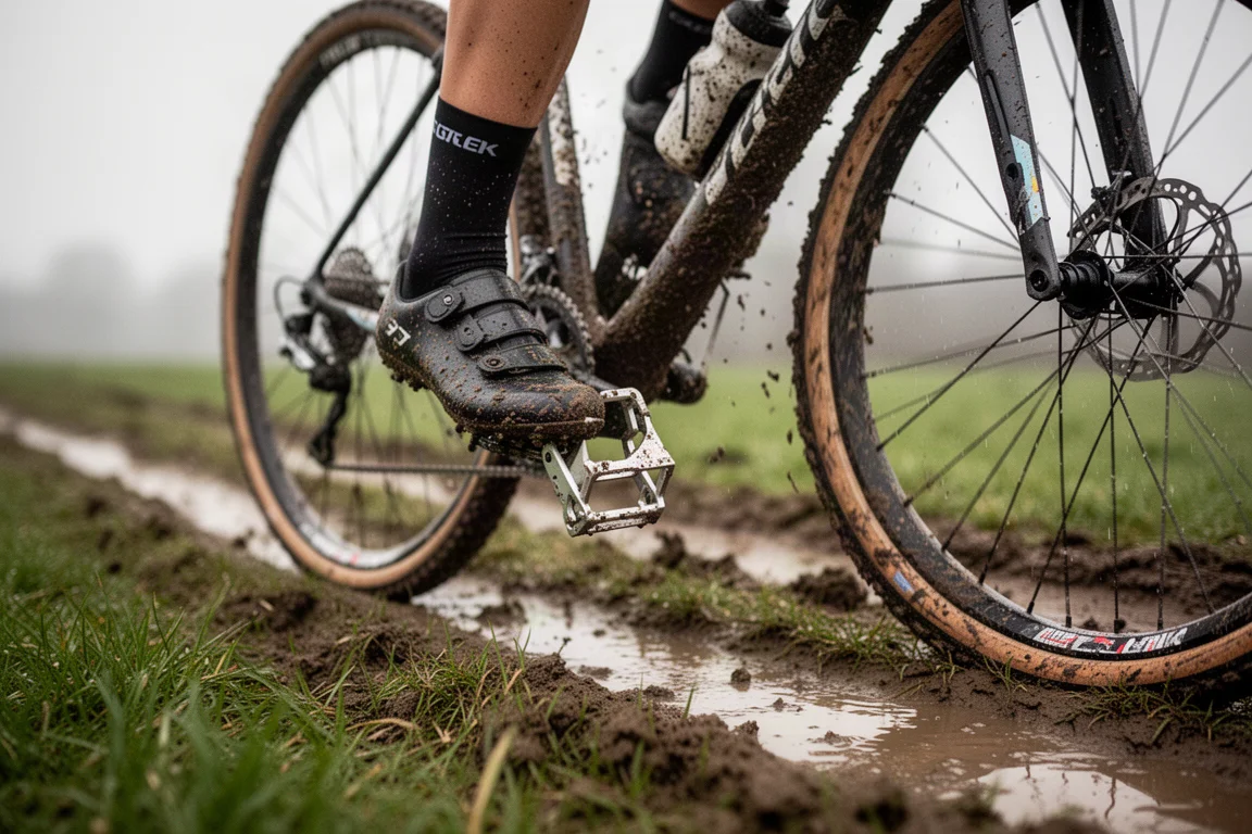 Pé de ciclista de ciclocross encaixando em um pedal coberto de lama em percurso molhado