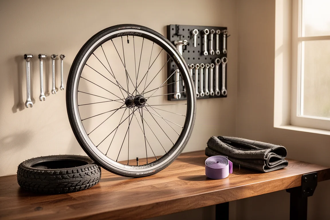 Bancada de oficina de bike em casa com roda, chaves Allen e acessórios