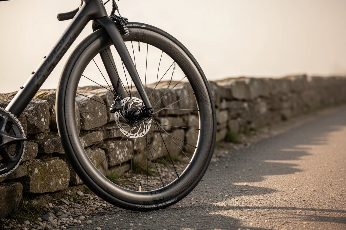 Primo piano di un set di ruote in carbonio montato su una bici da strada appoggiata accanto a un sentiero sterrato