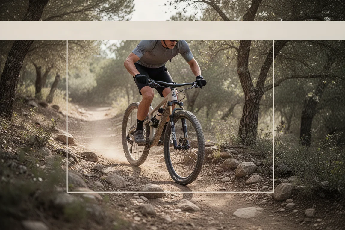 Ciclista gravel in discesa su un sentiero single track roccioso con una forcella ammortizzata