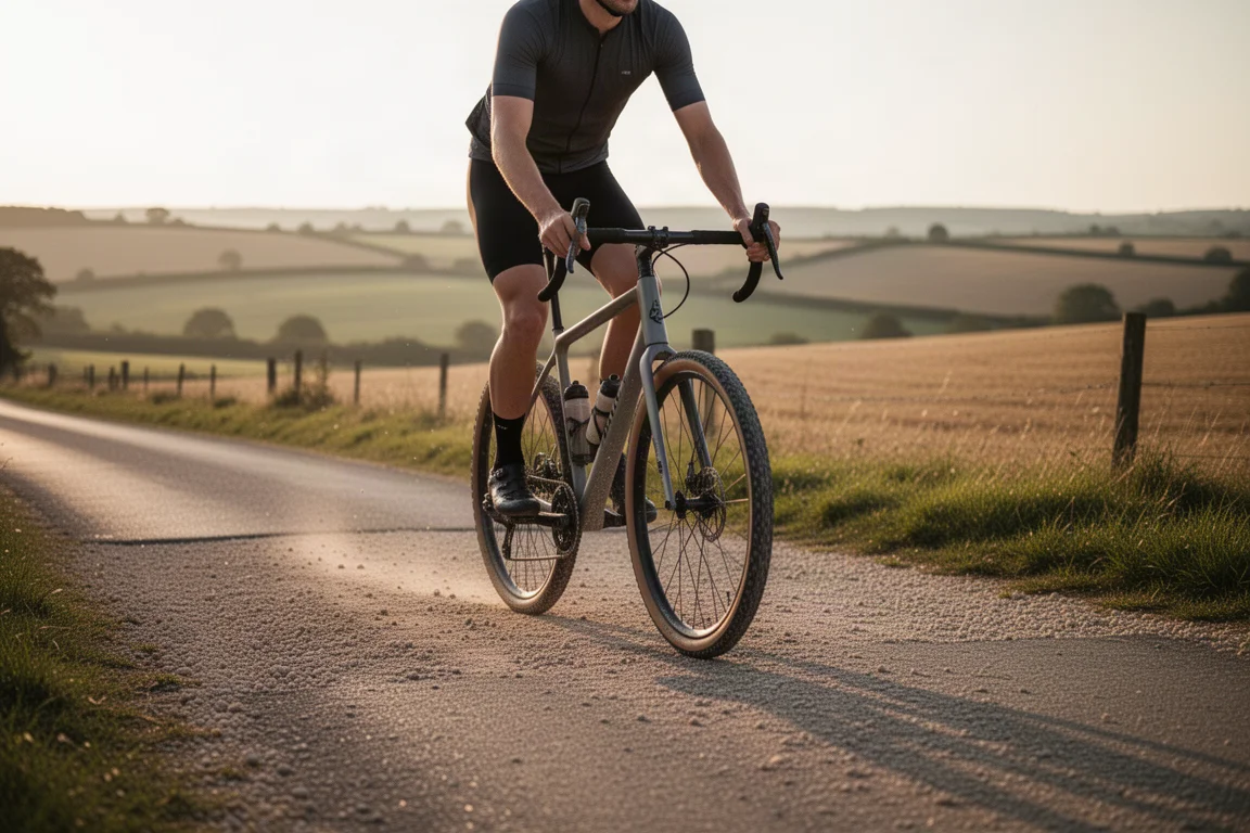 Ciclista su una bici gravel lungo una strada di campagna durante l'ora d'oro su terreno misto