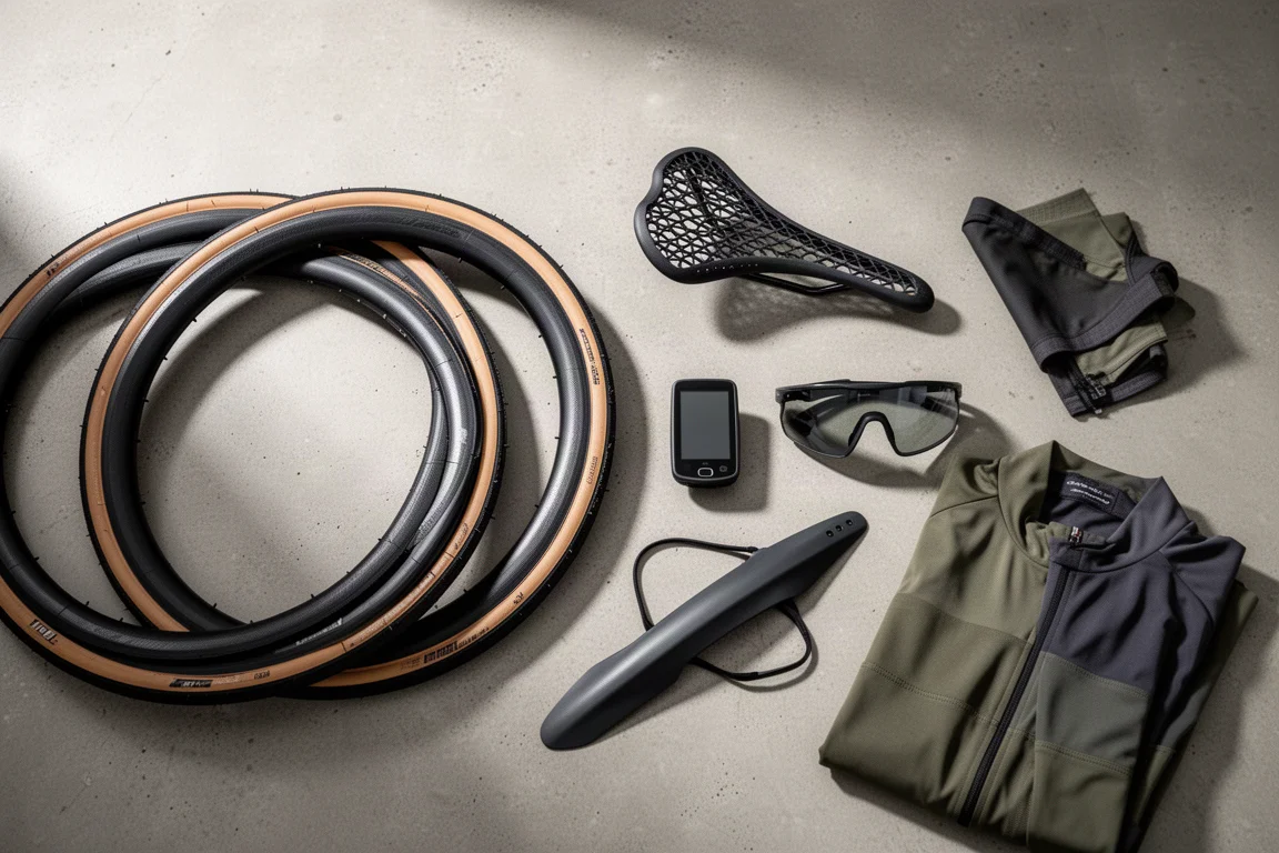 Flat-lay van fietsbanden, zadel, fietscomputer, bril, spatbord en kleding op beton