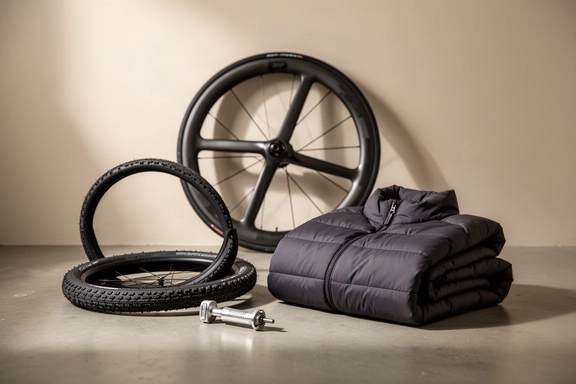 Opstelling van fietsuitrusting met een wegband, reparatietool, opgevouwen winterjack en vijfspaaks wiel
