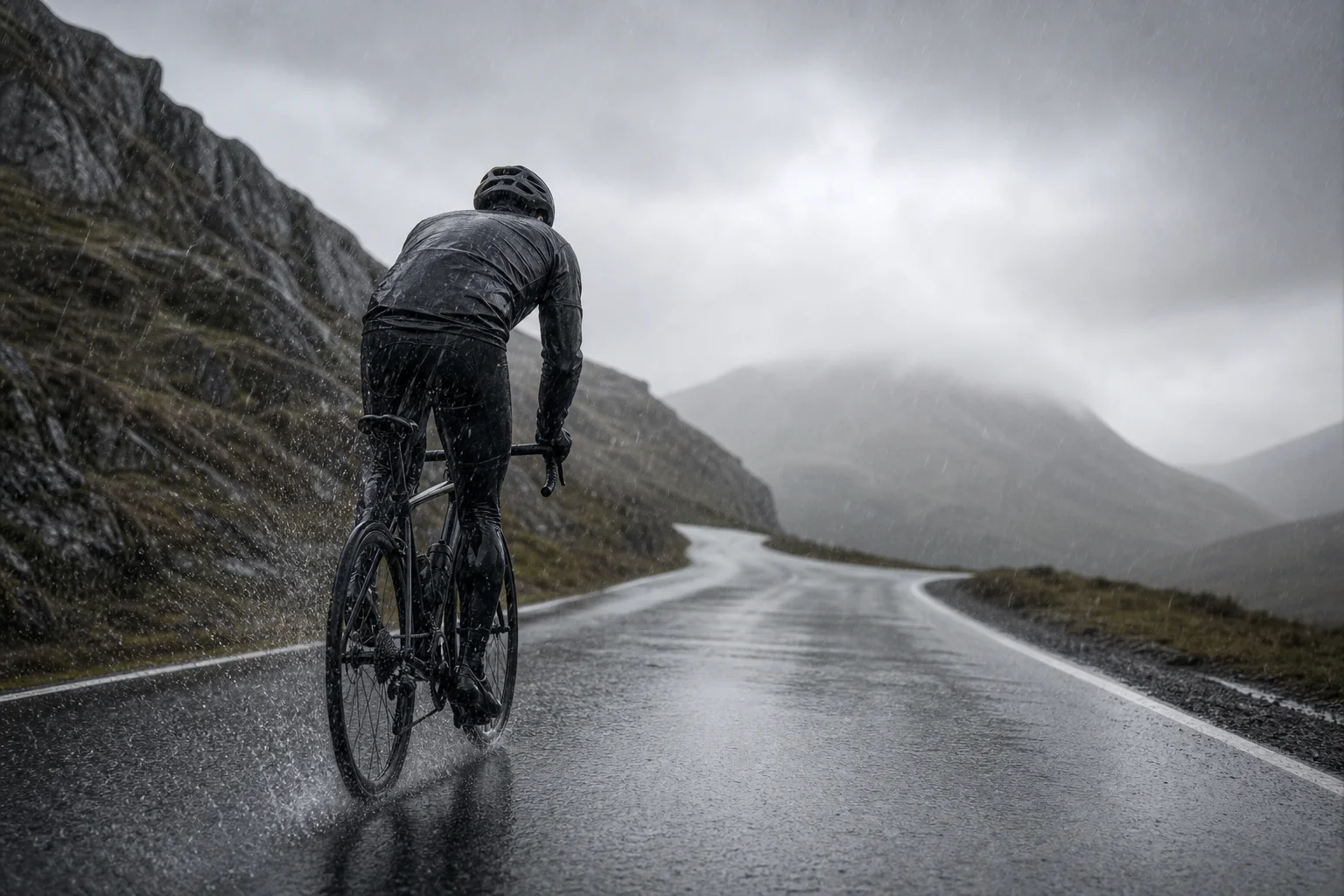 Cycliste roulant sous une pluie battante sur une route mouillée avec des projections d'eau