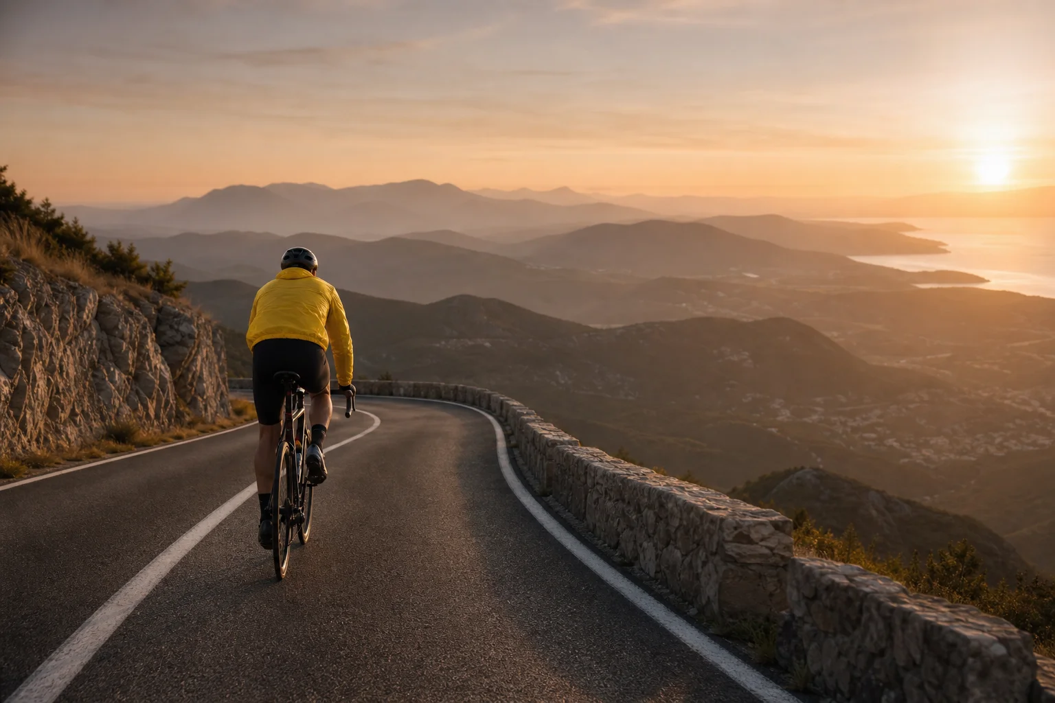 Cycliste portant une veste de pluie jaune vif sur une route de montagne au crépuscule