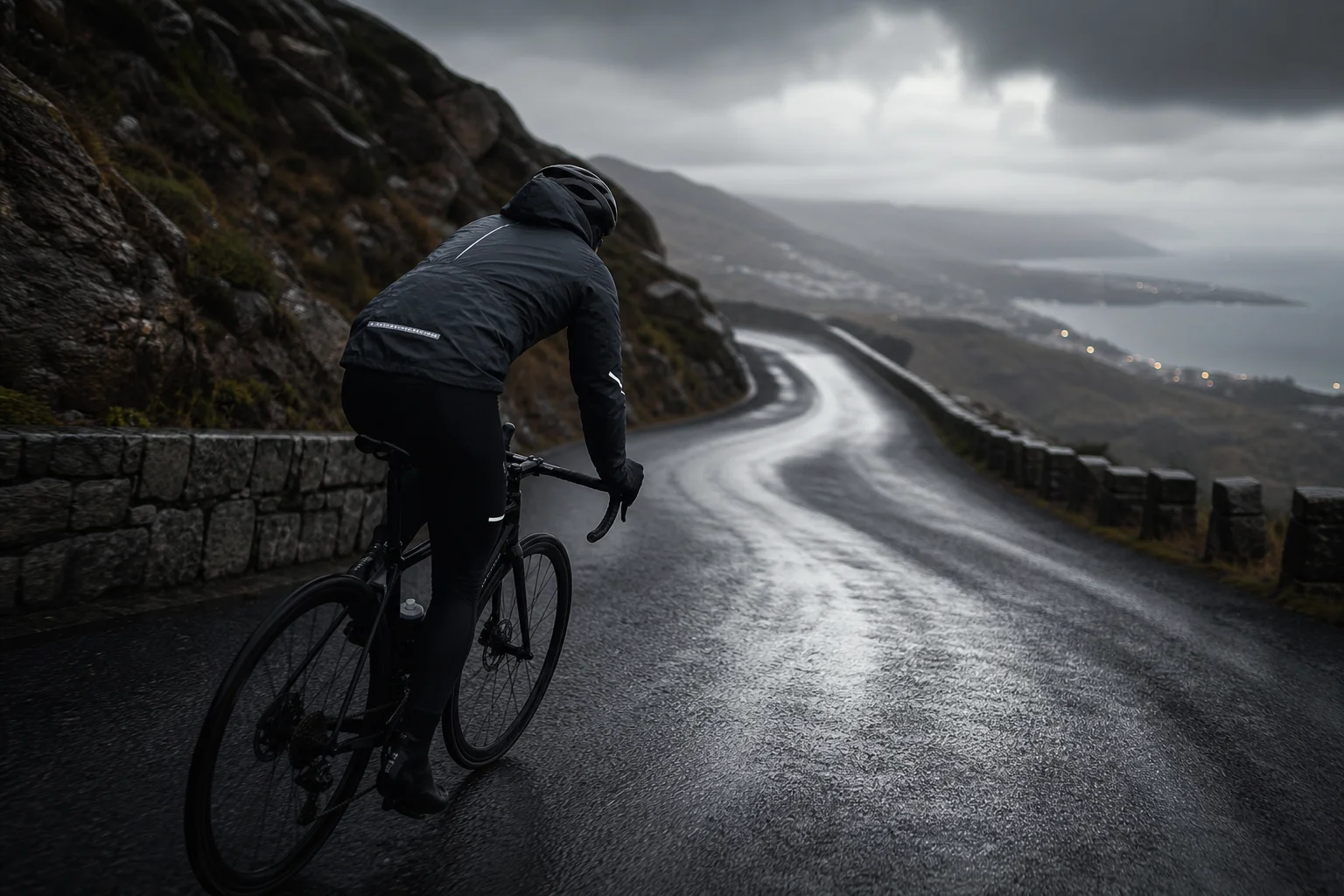 Cycliste portant une veste de pluie haut de gamme descendant une route mouillée par faible luminosité