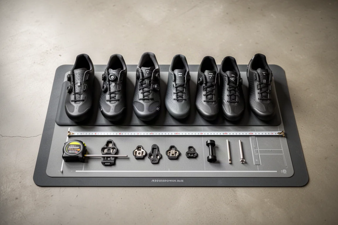 Bike fitting bench with cycling shoes, tape measure and cleat alignment tools