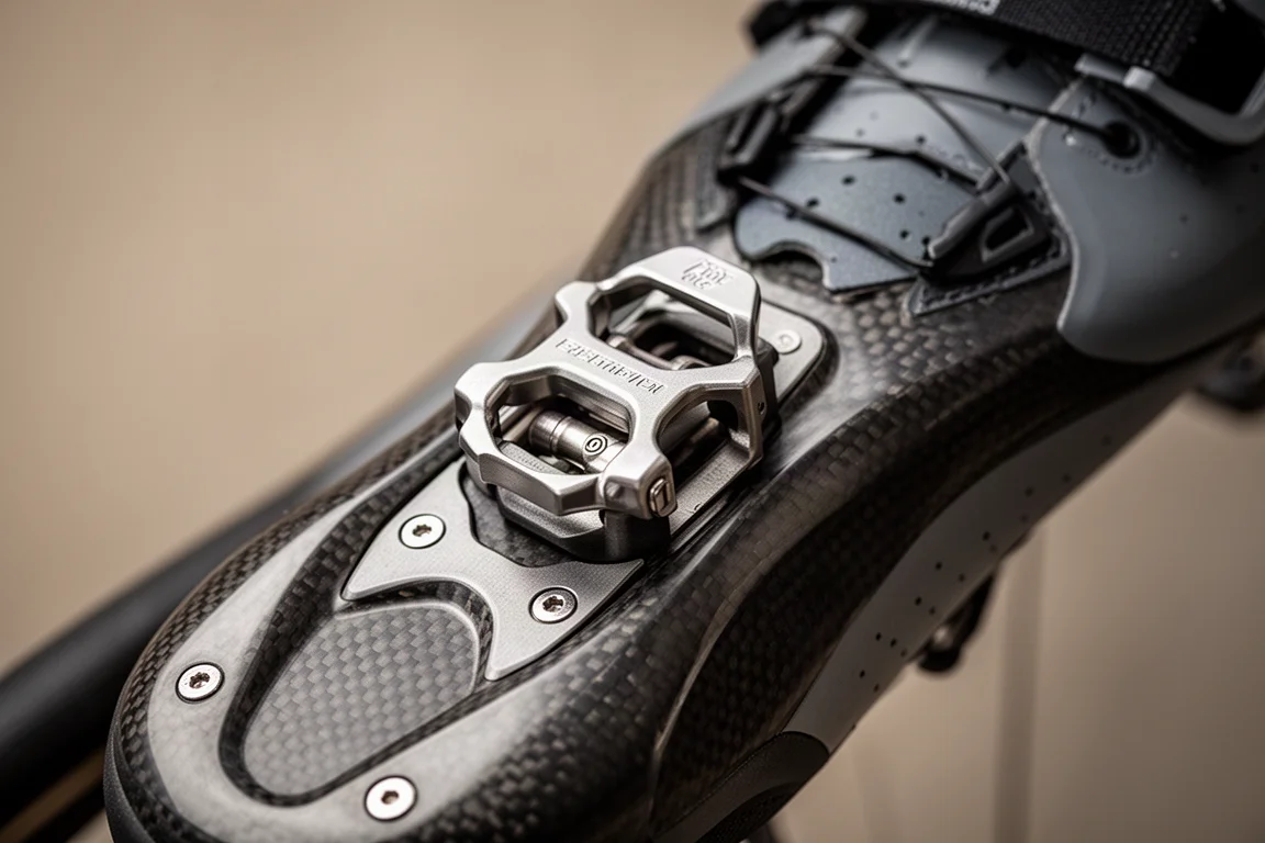 Close-up of a road pedal and shoe cleat mounted far forward on the sole