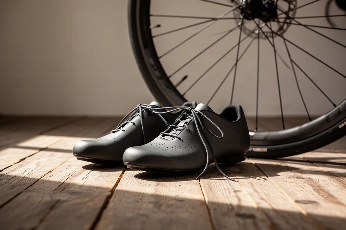 Slim lace-up cycling shoes on wooden floorboards beside a road bike wheel