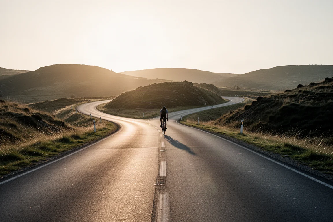 Open road curving through low hills at golden hour with a distant cyclist