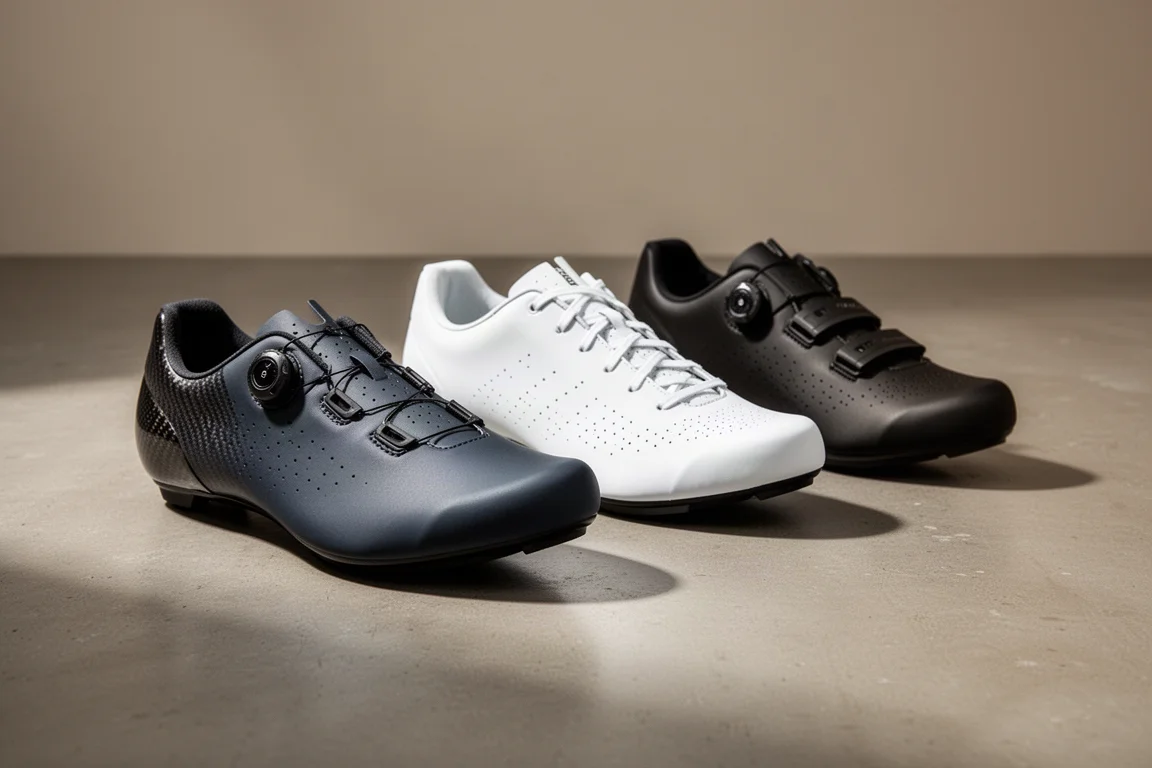 Three pairs of road cycling shoes lined up on a matte concrete surface