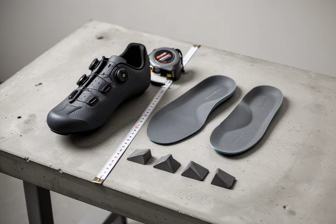 Primer plano de la suela de carbono de una zapatilla de ciclismo con ranuras de cala retrasadas en un banco de trabajo