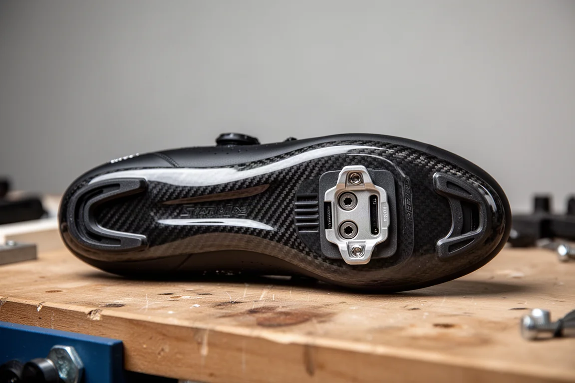 Estantería de un estudio de bike fitting con zapatillas de ciclismo de diferentes anchos y una tabla para medir pies