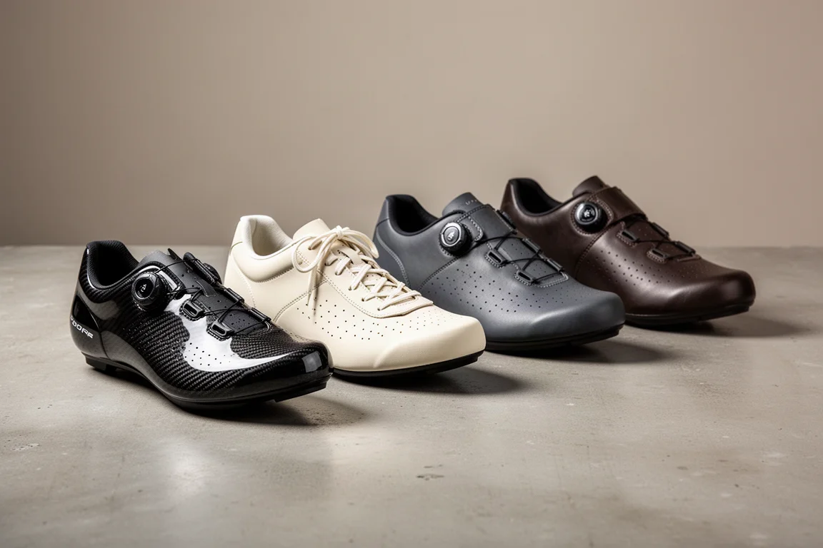Overhead flat-lay of five cycling shoes on a matte concrete surface