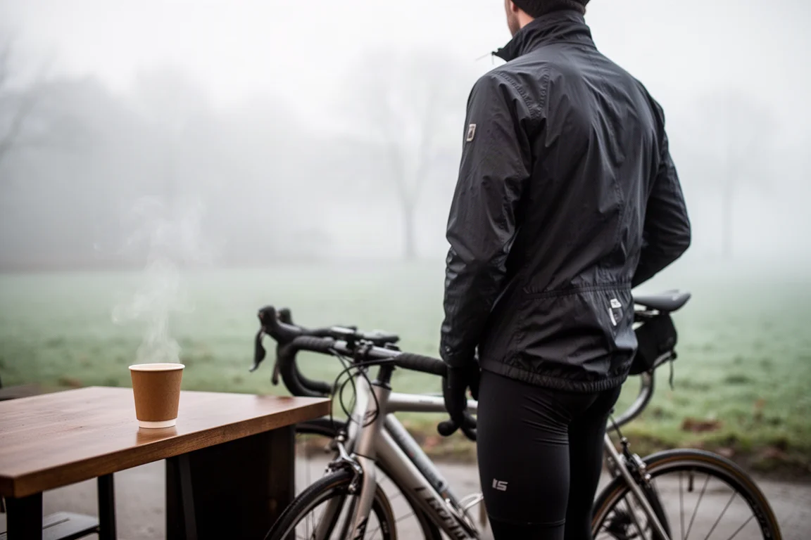 Rowerzysta w cienkiej kurtce na porannej przerwie w kawiarni przy rowerze szosowym, we mgle