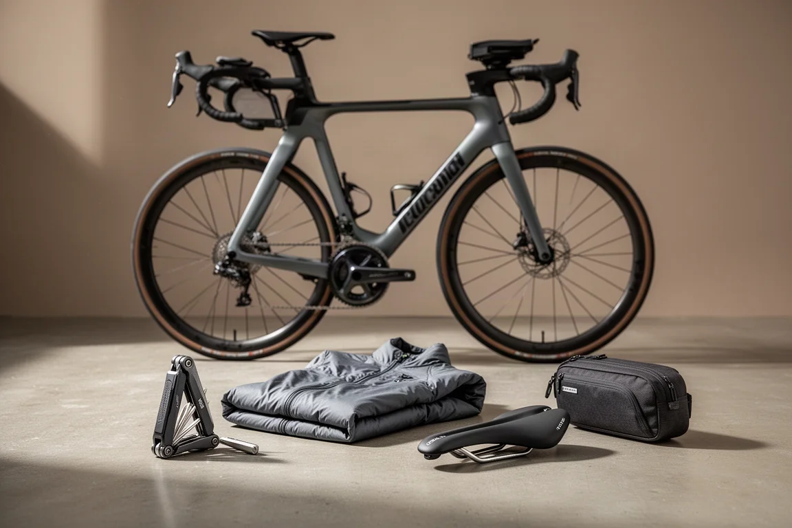 Attrezzatura da ciclismo disposta sul cemento: bici da corsa, multi-tool, giacca piegata, sella e borsa