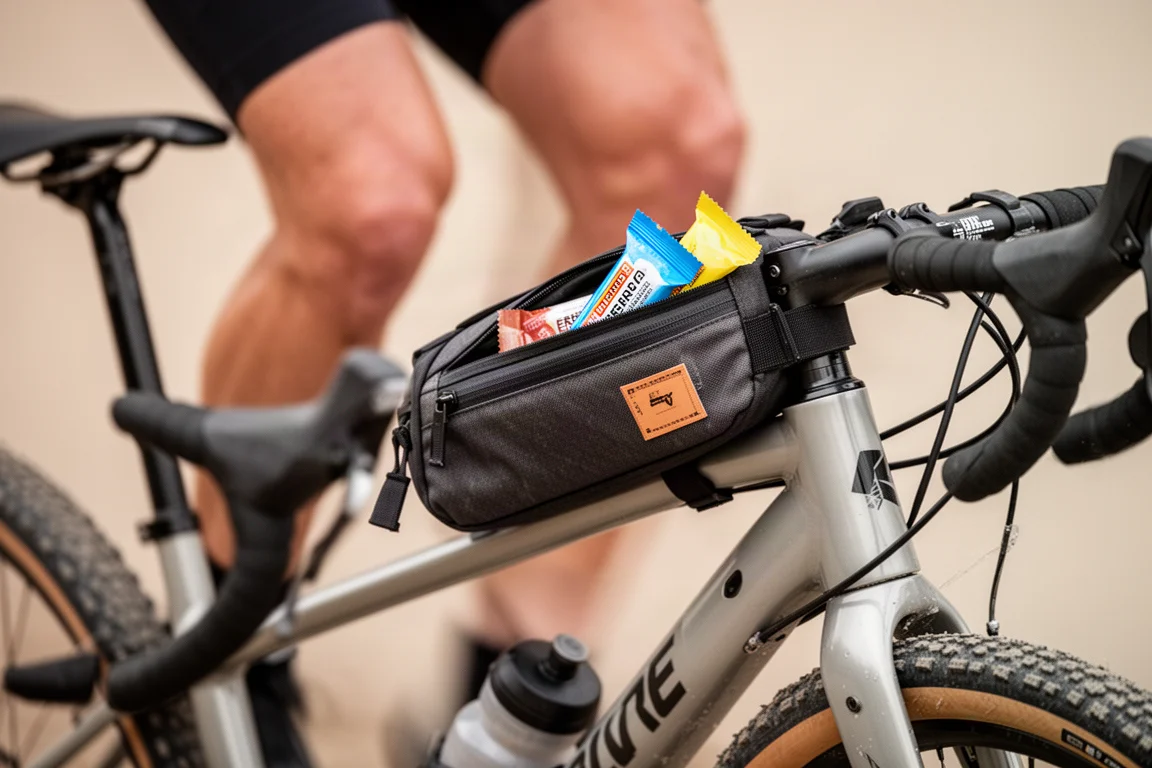 Close-up of a top tube bag on a gravel bike with nutrition inside