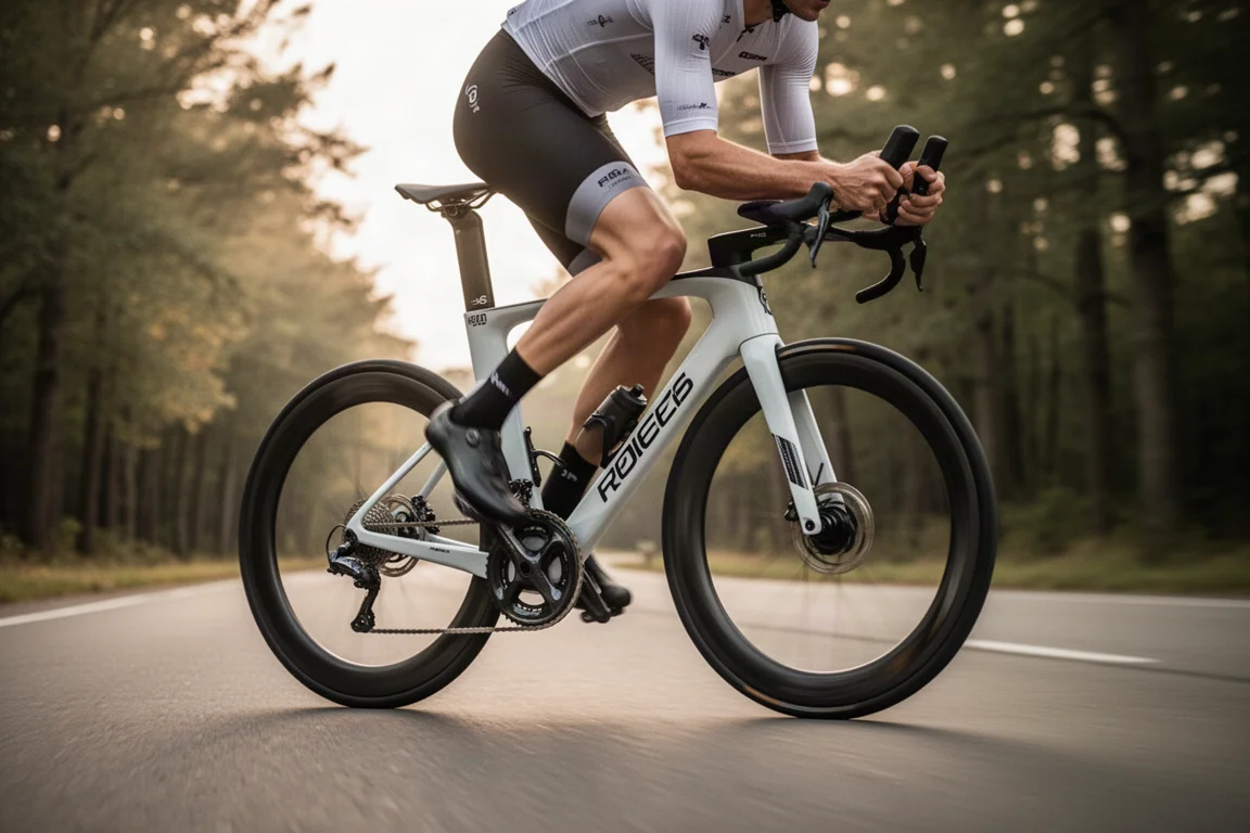 Road cyclist sprinting on an aero race bike on a tree-lined road
